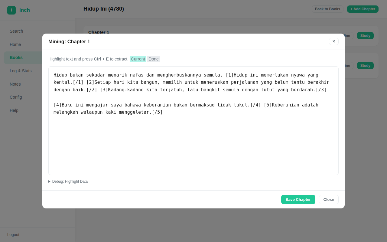 The sentence mining interface — highlight text in a chapter and press Ctrl+E to extract
