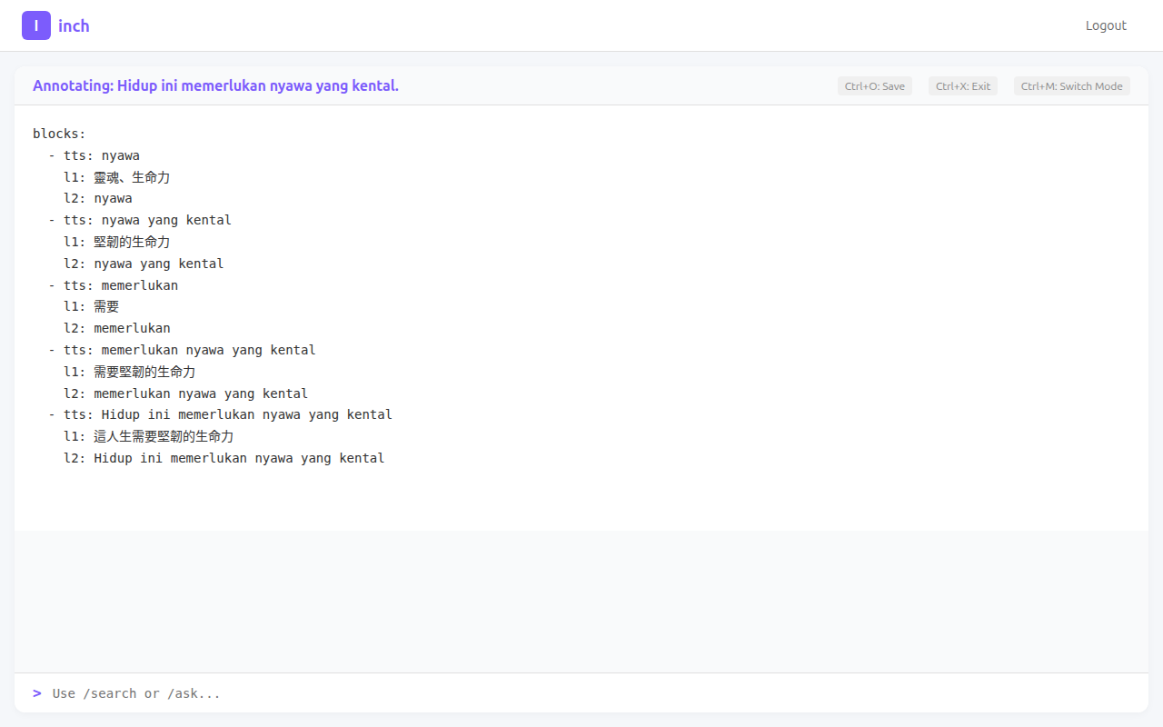 Manual annotation in YAML format: each block contains TTS text, the original, and the translation
