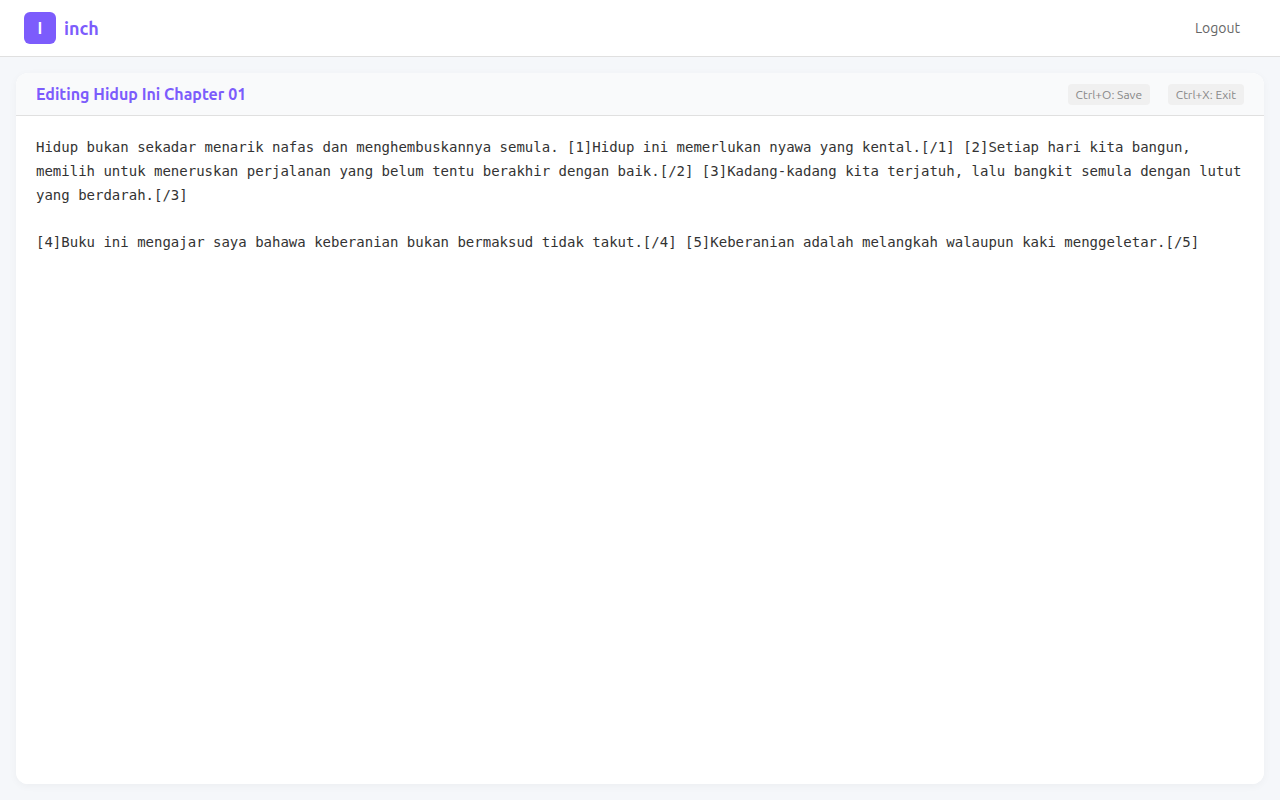 After pasting a chapter into the editor, sentences are tagged with [n]&mldr;[/n] markers