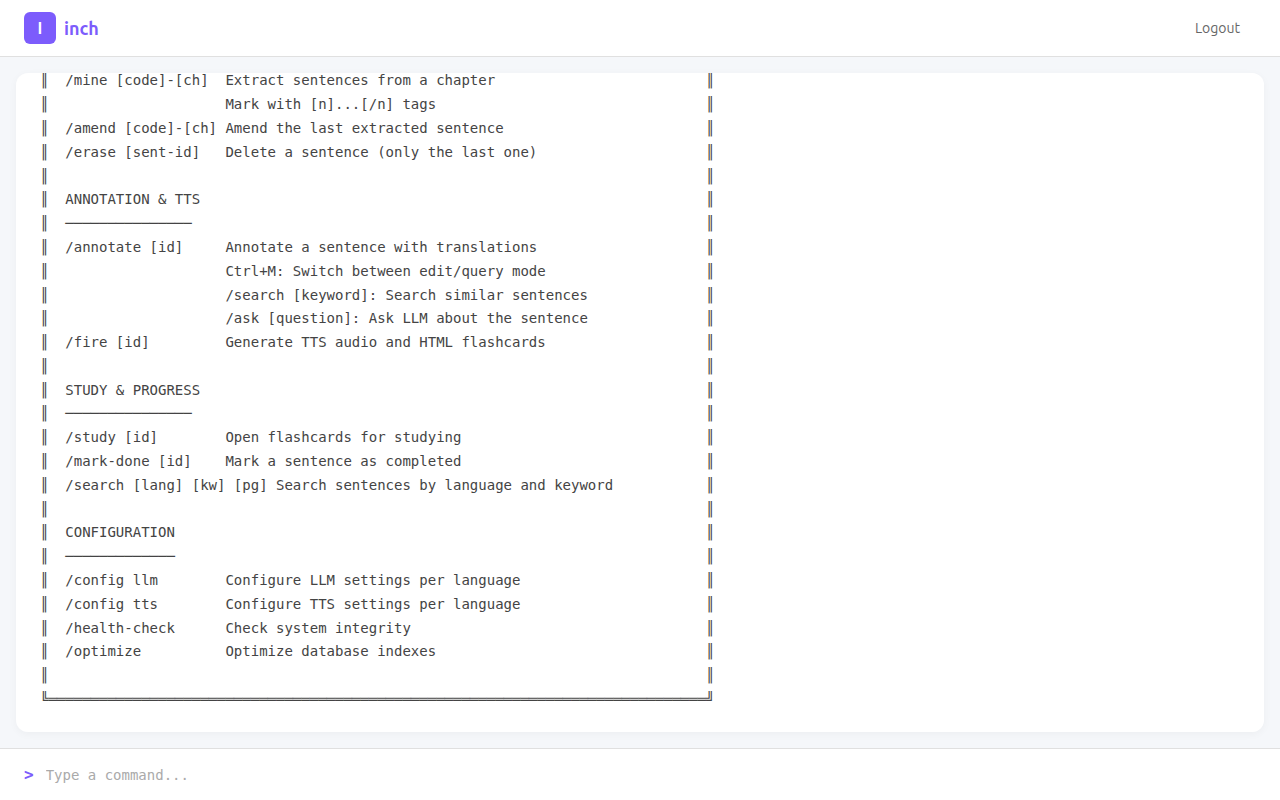 Inch v1 — a terminal-style web interface where all operations are done via commands